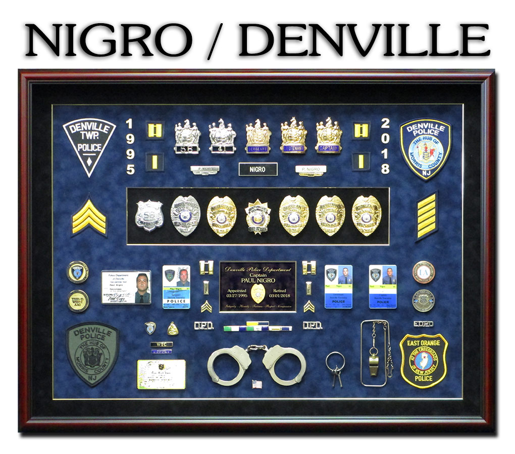 Police Retirement Shadowbox for Nigro at Denville PD
            from Badge Frame