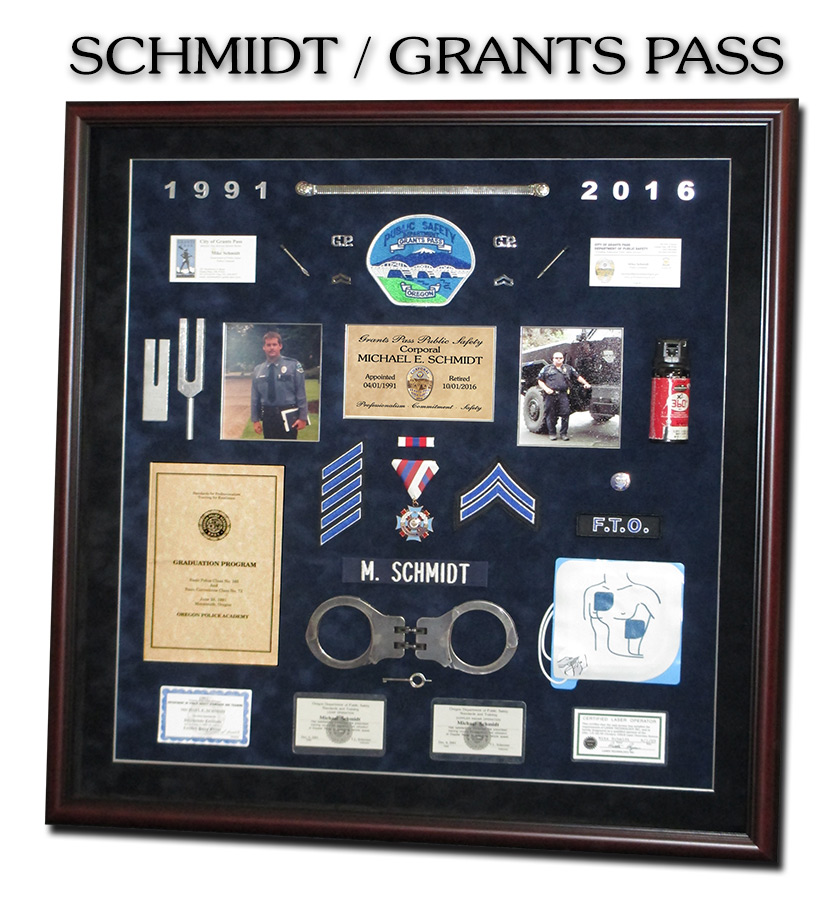 Schmidt / Grants Pass PD -
            Police Retirement Shadowbox from Badge Frame