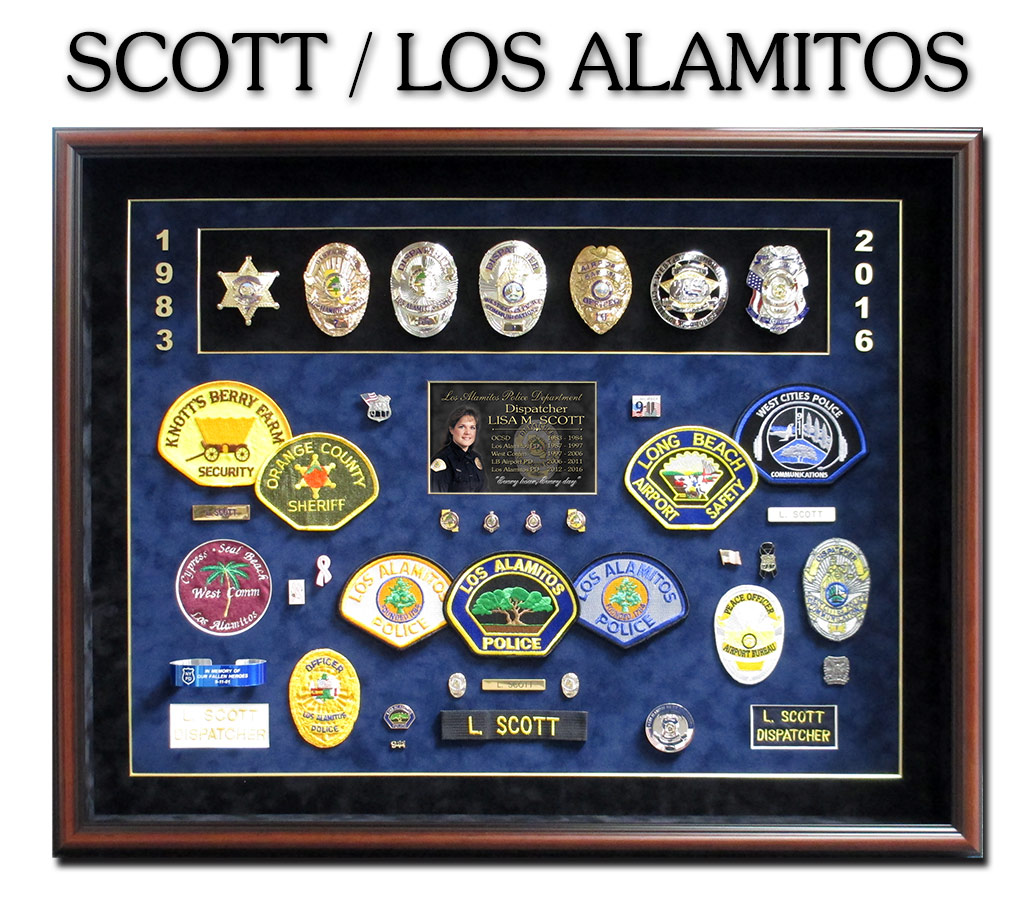 Police Dispatch Retirement Shadowbox for Scott from Los
            Alamitos. Badge Frame / Chino, CA