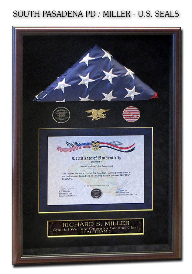 South Pasadena PD Flag
          presentation from Navy Seal Richard S. Miller framed by Badge
          Frame