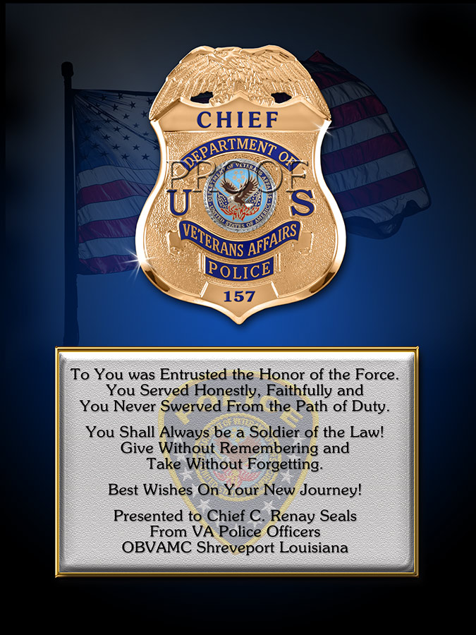 Department of
                      Veteran's Affairs PD Recognition Plaque from Badge
                      Frame