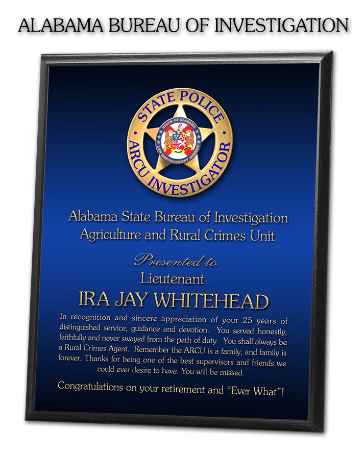 Alabama Bureau of Investigation -
          Recognition plaque from Badge Frame