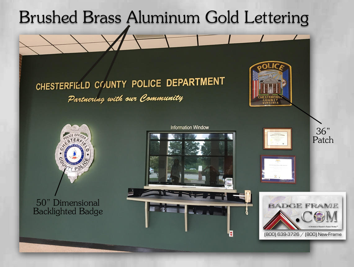 Chesterfield PD Lobby with oversize badge, patch and
          lettering from Badge Frame