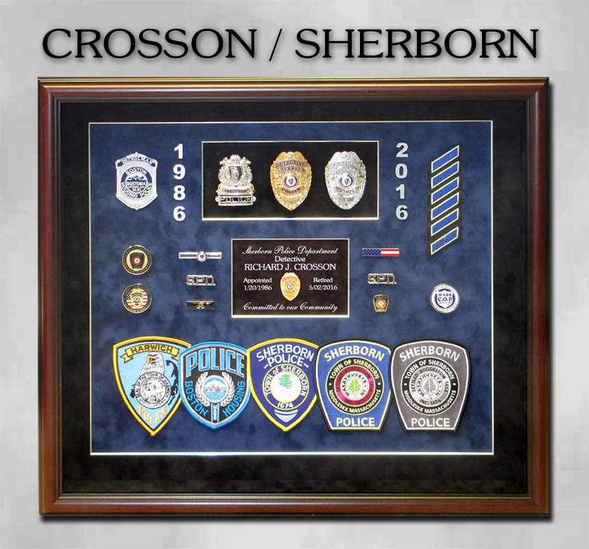 Crosson /
            Sherborn PD police shadowbox presentation from Badge Frame